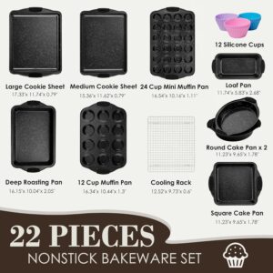 Baking Pans Set Nonstick, Bakeware Sets Stackable with Silicone Handles, AIVIKI 22 Pieces Oven Pan for Cooking Including Baking Cookie Sheet with Rack, Roast Pan, Cake Pan, Loaf Pan, Muffin Pan, Black - Image 3