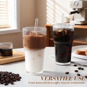 Iced Coffee Cups with Lids: Coffee Bar Accessories - Ribbed Glass Tumbler with Straw and Lid 4Pcs - 20oz Leak Proof Tumbler - Reusable Glass Cups and Tumblers with Lid and Straws for To Go Iced Coffee - Image 3