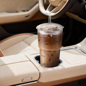Iced Coffee Cups with Lids: Coffee Bar Accessories - Ribbed Glass Tumbler with Straw and Lid 4Pcs - 20oz Leak Proof Tumbler - Reusable Glass Cups and Tumblers with Lid and Straws for To Go Iced Coffee - Image 4