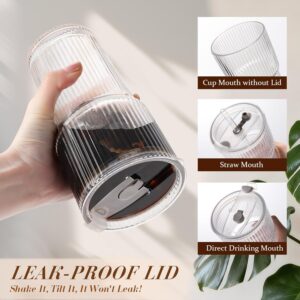 Iced Coffee Cups with Lids: Coffee Bar Accessories - Ribbed Glass Tumbler with Straw and Lid 4Pcs - 20oz Leak Proof Tumbler - Reusable Glass Cups and Tumblers with Lid and Straws for To Go Iced Coffee - Image 5