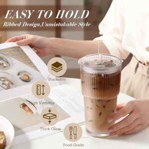 Iced Coffee Cups with Lids: Coffee Bar Accessories - Ribbed Glass Tumbler with Straw and Lid 4Pcs - 20oz Leak Proof Tumbler - Reusable Glass Cups and Tumblers with Lid and Straws for To Go Iced Coffee - Image 6