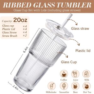 Iced Coffee Cups with Lids: Coffee Bar Accessories - Ribbed Glass Tumbler with Straw and Lid 4Pcs - 20oz Leak Proof Tumbler - Reusable Glass Cups and Tumblers with Lid and Straws for To Go Iced Coffee - Image 7
