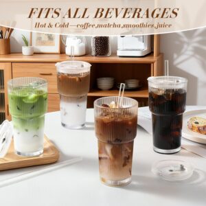 Iced Coffee Cups with Lids: Coffee Bar Accessories - Ribbed Glass Tumbler with Straw and Lid 4Pcs - 20oz Leak Proof Tumbler - Reusable Glass Cups and Tumblers with Lid and Straws for To Go Iced Coffee - Image 8