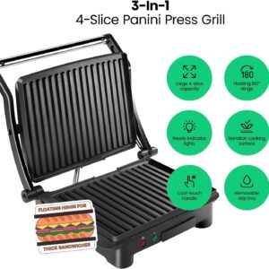 Chefman Panini Press Grill and Gourmet Sandwich Maker Non-Stick Coated Plates, Opens 180 Degrees to Fit Any Type or Size of Food, Stainless Steel Surface and Removable Drip Tray, 4 Slice, Black - Image 4