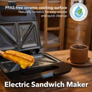 OVENTE Electric Sandwich Maker with Non-Stick Plates, Indicator Lights, Cool Touch Handle, Easy to Clean and Store, Perfect for Cooking Breakfast, Grilled Cheese, Tuna Melts and Snacks, Black GPS401B - Image 4