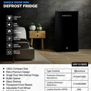 Geepas GRF1212BXE Single Door Mini Defrost Refrigerator-| Mini Fridge in Retro Design, Low Noise and Low Voltage| Quick Cooling and Easy Cleaning| Black - Image 11