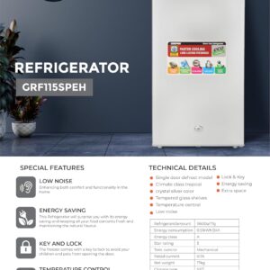 GEEPAS Defrost Mini Fridge with Lamp, Door Lock & Key, GRF115SPEN - Low Noise Design, Compact, Powerful Compressor, Energy Saving, Faster Cooling, Adjustable Thermostat, 110L Capacity - Image 7