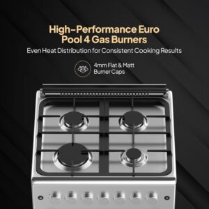Krome 60x60 Cm Free Standing Gas Cooker | 4 Euro Pool Gas Burners| Flame Failure| Stainless Steel | Single Turbo Fan | Even Heat Distribution | Push Button Ignition - Image 4