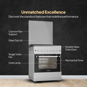 Krome 60x60 Cm Free Standing Gas Cooker | 4 Euro Pool Gas Burners| Flame Failure| Stainless Steel | Single Turbo Fan | Even Heat Distribution | Push Button Ignition - Image 5