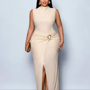 Women's Plus Size Maxi Dress Apricot Textured Mock Neck Bodycon Dress Metal Buckle Front Slit Party Office Spring Summer Dress - Image 3