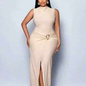 Women's Plus Size Maxi Dress Apricot Textured Mock Neck Bodycon Dress Metal Buckle Front Slit Party Office Spring Summer Dress - Image 4