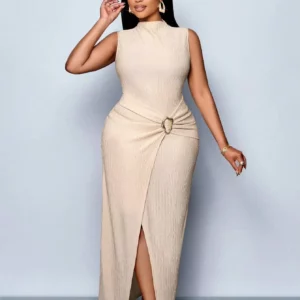 Women's Plus Size Maxi Dress Apricot Textured Mock Neck Bodycon Dress Metal Buckle Front Slit Party Office Spring Summer Dress - Image 5