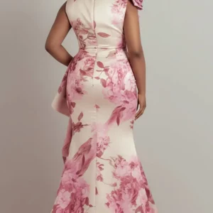 Plus Size Formal Pink Floral V Neck Ruffle Split Satin Maxi Dresses - Image 4