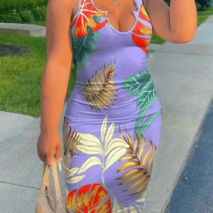 Women Plus Size Sleeveless NotchedUNeck TropicalPrint Stretchy Bodycon Mini Dress Sexy Spring Summer Casual Street Dress - Image 6
