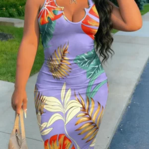 Women Plus Size Sleeveless NotchedUNeck TropicalPrint Stretchy Bodycon Mini Dress Sexy Spring Summer Casual Street Dress - Image 5