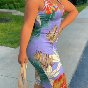 Women Plus Size Sleeveless NotchedUNeck TropicalPrint Stretchy Bodycon Mini Dress Sexy Spring Summer Casual Street Dress - Image 4