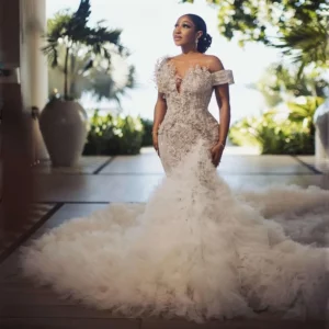 Off The Shoulder African Wedding Dresses Black Girls Ruffled Beaded Aso Ebi Women Bridal Gowns Vestido De Novia Customized - Image 1