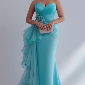 Plus Size Formal Blue Ruffle 3D Tulle Maxi Dresses - Image 1
