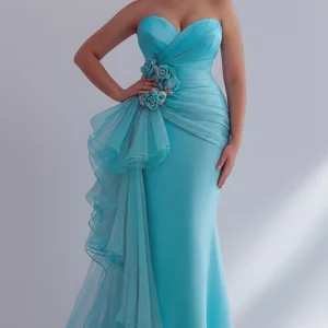 Plus Size Formal Blue Ruffle 3D Tulle Maxi Dresses - Image 5