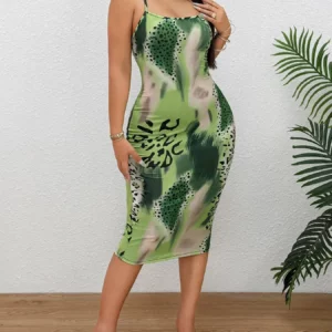 Women Spaghetti Strap Midi Dress Green Leopard Print Bodycon Casual Dress Summer Sexy Party Cocktail Clubwear Date Dress - Image 3