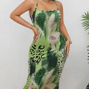 Women Spaghetti Strap Midi Dress Green Leopard Print Bodycon Casual Dress Summer Sexy Party Cocktail Clubwear Date Dress - Image 4