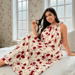 Plus Size Women's Floral Print Bow Camisole Night Dress - Image 1