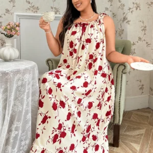 Plus Size Women's Floral Print Bow Camisole Night Dress - Image 7