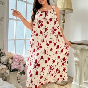 Plus Size Women's Floral Print Bow Camisole Night Dress - Image 6