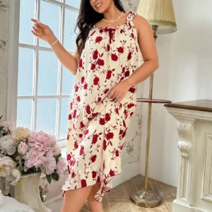Plus Size Women's Floral Print Bow Camisole Night Dress - Image 4