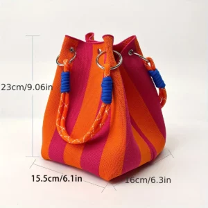 This multi-color knitted retro bucket handbag is simple and color-blocked, versatile and easy to carry with you - Image 3