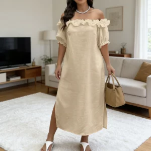 Plus Size Women's Khaki Off-Shoulder Dress with Ruffled Puff Sleeves, Slit Straight Skirt, Casual Style - Image 1