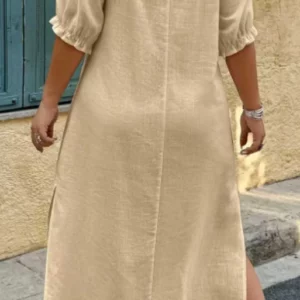 Plus Size Women's Khaki Off-Shoulder Dress with Ruffled Puff Sleeves, Slit Straight Skirt, Casual Style - Image 3