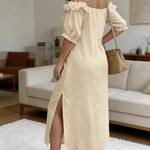 Plus Size Women's Khaki Off-Shoulder Dress with Ruffled Puff Sleeves, Slit Straight Skirt, Casual Style - Image 8