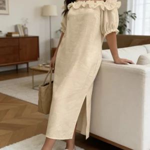 Plus Size Women's Khaki Off-Shoulder Dress with Ruffled Puff Sleeves, Slit Straight Skirt, Casual Style - Image 7