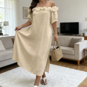 Plus Size Women's Khaki Off-Shoulder Dress with Ruffled Puff Sleeves, Slit Straight Skirt, Casual Style - Image 6