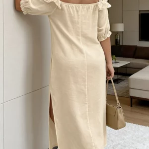 Plus Size Women's Khaki Off-Shoulder Dress with Ruffled Puff Sleeves, Slit Straight Skirt, Casual Style - Image 5