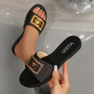 Women's Shoes New Fashion Slippers Classic Elegant Versatile Solid Color Metal Decoration Round Toe Flat Sandals - Image 1