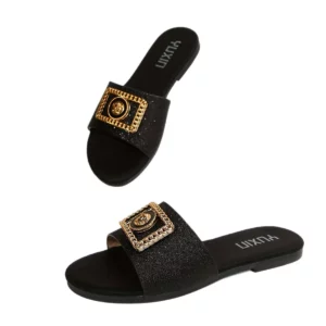 Women's Shoes New Fashion Slippers Classic Elegant Versatile Solid Color Metal Decoration Round Toe Flat Sandals - Image 4