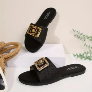 Women's Shoes New Fashion Slippers Classic Elegant Versatile Solid Color Metal Decoration Round Toe Flat Sandals - Image 5