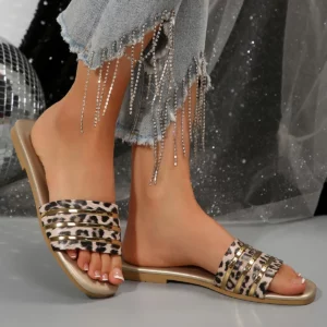 Women's Shoes, Ladies' Fashionable Slippers, Classic and Versatile, Metal-Decorated Square-Toe Flat Sandals, Leopard Print - Image 2