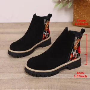 Colorful Flower Embroidery Suede Ankle Boots Women 2025 Winter Classic Thick Heel Black Chelsea Boots Woman's Short Booties 43 - Image 2
