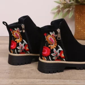 Colorful Flower Embroidery Suede Ankle Boots Women 2025 Winter Classic Thick Heel Black Chelsea Boots Woman's Short Booties 43 - Image 3