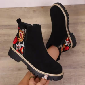 Colorful Flower Embroidery Suede Ankle Boots Women 2025 Winter Classic Thick Heel Black Chelsea Boots Woman's Short Booties 43 - Image 4