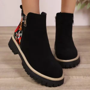 Colorful Flower Embroidery Suede Ankle Boots Women 2025 Winter Classic Thick Heel Black Chelsea Boots Woman's Short Booties 43 - Image 5