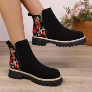 Colorful Flower Embroidery Suede Ankle Boots Women 2025 Winter Classic Thick Heel Black Chelsea Boots Woman's Short Booties 43 - Image 6