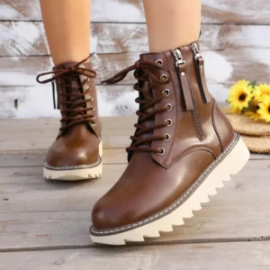 Retro Waterproof Leather Lace Up Work Boots Women 2025 Winter Thick Bottom Designer Ankle Boots Plus Size Woman's Short Booties - Image 3
