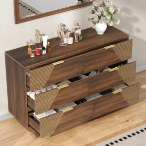 Gyfimoie Dresser for Bedroom, Mid-Century Modern Walnut Chest of 6 Drawers with Asymmetrical Fluted Front, Sturdy Wood Storage Organizer with Anti-Sag Drawer Support & Metal Handles, 47" Wide (Walnut) - Image 3