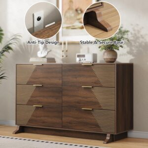 Gyfimoie Dresser for Bedroom, Mid-Century Modern Walnut Chest of 6 Drawers with Asymmetrical Fluted Front, Sturdy Wood Storage Organizer with Anti-Sag Drawer Support & Metal Handles, 47" Wide (Walnut) - Image 6
