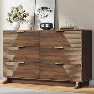 Gyfimoie Dresser for Bedroom, Mid-Century Modern Walnut Chest of 6 Drawers with Asymmetrical Fluted Front, Sturdy Wood Storage Organizer with Anti-Sag Drawer Support & Metal Handles, 47" Wide (Walnut) - Image 7