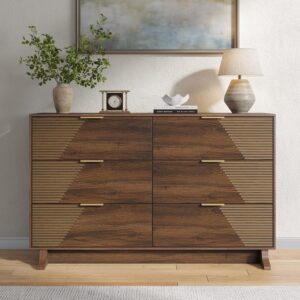Gyfimoie Dresser for Bedroom, Mid-Century Modern Walnut Chest of 6 Drawers with Asymmetrical Fluted Front, Sturdy Wood Storage Organizer with Anti-Sag Drawer Support & Metal Handles, 47" Wide (Walnut) - Image 8